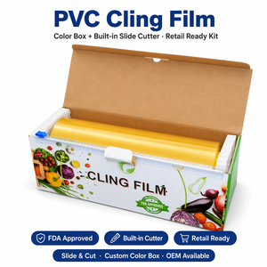 Filme plástico de qualidade alimentar de PVC com caixa de corte | Embalagem plástica de cozinha 100% livre de BPA para manter alimentos frescos
